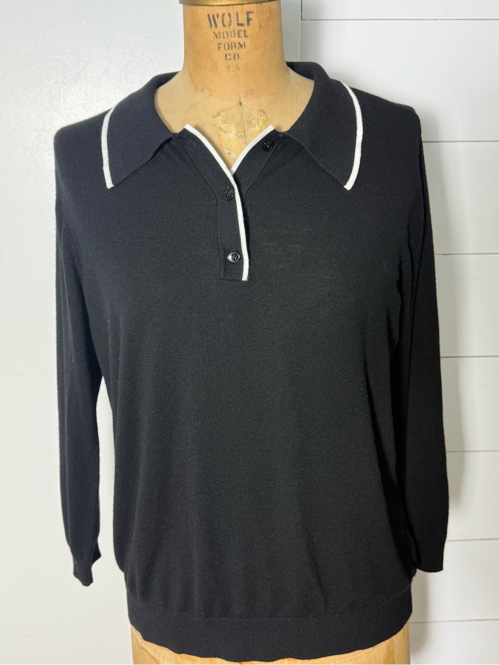 Laurie Felt Black Long-Sleeve Collared Sweater Top with White Piping